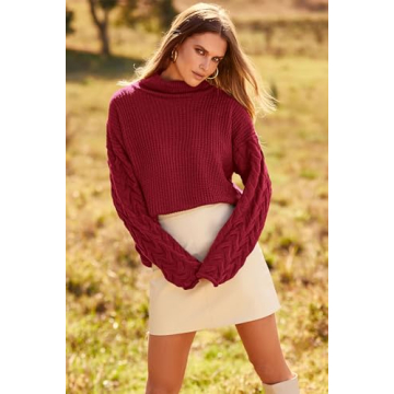 PRETTYGARDEN Womens 2024 Fall Fashion Pullover Sweaters Turtleneck Long Sleeve Cable Knit Sweater Casual Chunky Jumper Tops (Wine Red,Small)