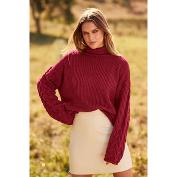 PRETTYGARDEN Womens 2024 Fall Fashion Pullover Sweaters Turtleneck Long Sleeve Cable Knit Sweater Casual Chunky Jumper Tops (Wine Red,Small)