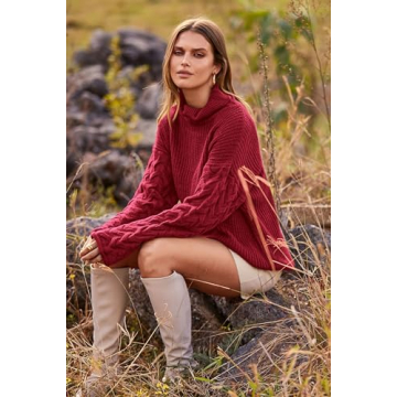 PRETTYGARDEN Womens 2024 Fall Fashion Pullover Sweaters Turtleneck Long Sleeve Cable Knit Sweater Casual Chunky Jumper Tops (Wine Red,Small)