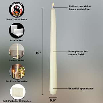 Arosky 20 Pack Ivory Taper Candles, 7-8 Hours Burn Time, Unscented and Smokeless, 4/5 x 10 Inch Dinn...