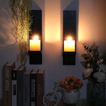 OwnMy Set of 2 Wooden Wall Candle Sconces Rustic Wall Mount Wooden Pillar Candle Sconces, Black Farm...