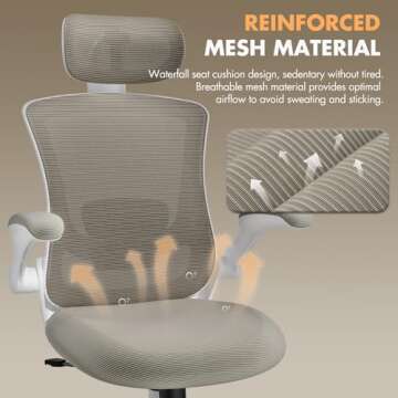 Ergonomic Office Chair with Adjustable Lumbar Support & Headrest, High Back Mesh Desk Chair with Flip-Up Armrests, Breathable & Comfortable Computer Chair for Home, Office & Study –Khaki