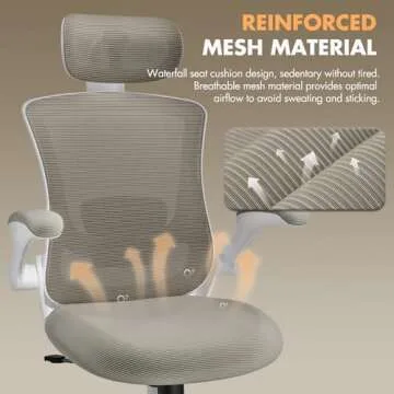 Ergonomic Office Chair with Adjustable Lumbar Support & Headrest, High Back Mesh Desk Chair with Flip-Up Armrests, Breathable & Comfortable Computer Chair for Home, Office & Study –Khaki