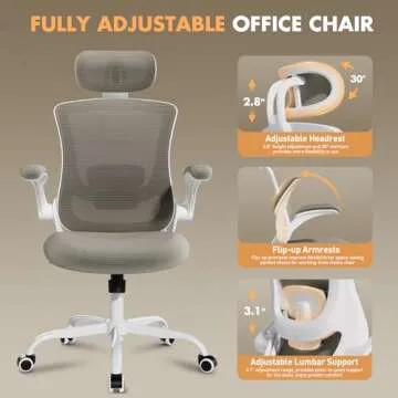 Ergonomic Office Chair with Adjustable Lumbar Support & Headrest, High Back Mesh Desk Chair with Flip-Up Armrests, Breathable & Comfortable Computer Chair for Home, Office & Study –Khaki