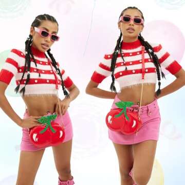 ENJOININ Sequins Red Cherry Shoulder Bag Women's Crossbody Bag Girl's Clutch Bag Fashion Purses and Handbags