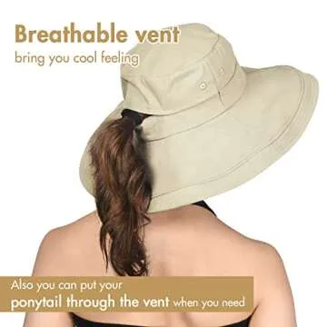 Sun Hats for Women Gardening Hat Wide Brim Ponytail Beach Sun Protection Breathable Cotton Summer Hat with Fold-Up Brim