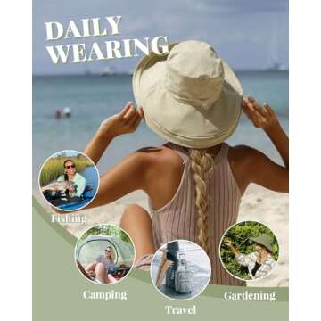 Sun Hats for Women Gardening Hat Wide Brim Ponytail Beach Sun Protection Breathable Cotton Summer Hat with Fold-Up Brim