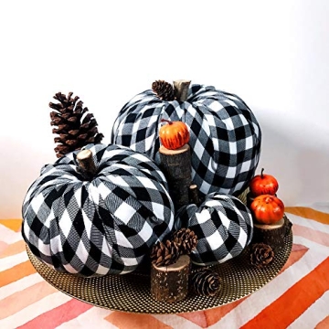 Package of 3 Assorted Burlap Pumpkins Fabric Pumpkins Buffalo Plaid Pumpkins Gingham Fabric Pumpkins Fall Thanksgiving Halloween Seasonal Holiday Farmhouse Tabletop Decoration