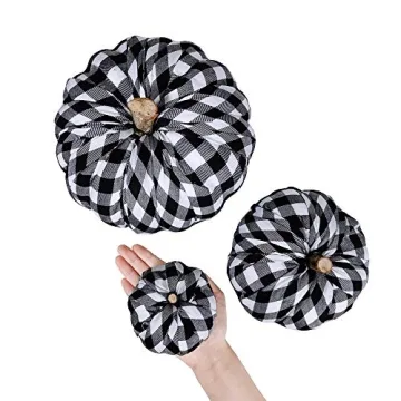 Package of 3 Assorted Burlap Pumpkins Fabric Pumpkins Buffalo Plaid Pumpkins Gingham Fabric Pumpkins Fall Thanksgiving Halloween Seasonal Holiday Farmhouse Tabletop Decoration