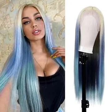FUHSI Long Straight Lace Front Wig Blonde Ombre Blue