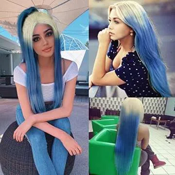 FUHSI Long Straight Lace Front Wig Blonde Ombre Blue