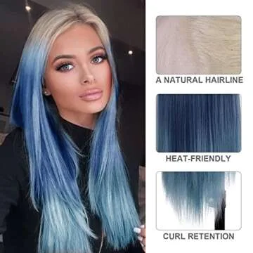 FUHSI Long Straight Lace Front Wig Blonde Ombre Blue