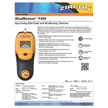 Zircon StudSensor A100 Wall Scanner and Center/Edge Locating Stud Finder with WireWarning Detection