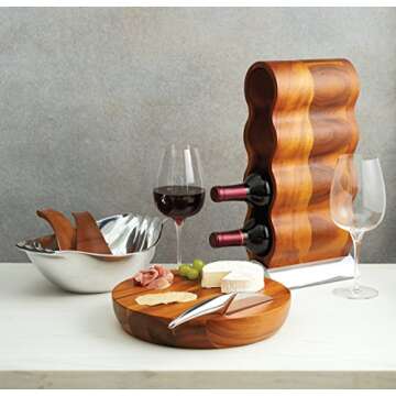 Nambe Curvo Wine Rack | Wooden Wine Rack for Countertop | Wine Bottle Stand for Home Décor | Made of Acacia Wood and Silver Alloy | Designed by Steve Cozzolino