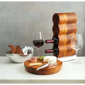 Nambe Curvo Wine Rack | Wooden Wine Rack for Countertop | Wine Bottle Stand for Home Décor | Made of Acacia Wood and Silver Alloy | Designed by Steve Cozzolino