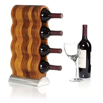 Nambe Curvo Wine Rack | Wooden Wine Rack for Countertop | Wine Bottle Stand for Home Décor | Made of Acacia Wood and Silver Alloy | Designed by Steve Cozzolino