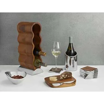 Nambe Curvo Wine Rack | Wooden Wine Rack for Countertop | Wine Bottle Stand for Home Décor | Made of Acacia Wood and Silver Alloy | Designed by Steve Cozzolino