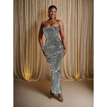 Figdaw Strapless Rhinestone Maxi Dress Sequin Dresses Sexy Evening Gowns for Women Formal Elegant 2025,Black,XL,C6962