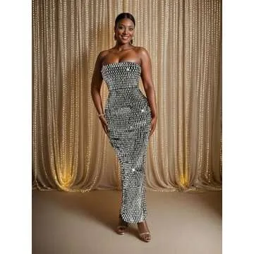 Figdaw Strapless Rhinestone Maxi Dress Sequin Dresses Sexy Evening Gowns for Women Formal Elegant 2025,Black,XL,C6962