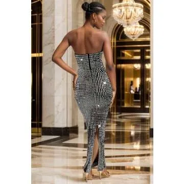 Figdaw Strapless Rhinestone Maxi Dress Sequin Dresses Sexy Evening Gowns for Women Formal Elegant 2025,Black,XL,C6962