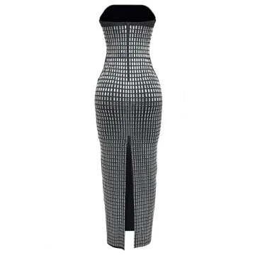 Figdaw Strapless Rhinestone Maxi Dress Sequin Dresses Sexy Evening Gowns for Women Formal Elegant 2025,Black,XL,C6962