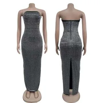 Figdaw Strapless Rhinestone Maxi Dress Sequin Dresses Sexy Evening Gowns for Women Formal Elegant 2025,Black,XL,C6962