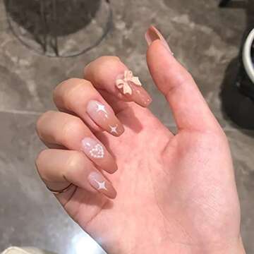MISUD 24Pcs Medium Press on Nails, Glossy 3D Bow & Pearl Fake Nails, Glossy Glue on Nails, Coffin False Nails, Full Cover Ballerina Pink Acrylic Nails for Daily Use (with Glue)