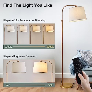 Oneach 62" Gold Floor Lamp for Living Rooms Tall Arc Standing Lamps with Remote Bedrooms Industrial Corner Nursery Girls Kid Vintage Mid-Century Modern Reading Light Office(Bulb Included)