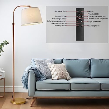 Oneach 62" Gold Floor Lamp for Living Rooms Tall Arc Standing Lamps with Remote Bedrooms Industrial Corner Nursery Girls Kid Vintage Mid-Century Modern Reading Light Office(Bulb Included)