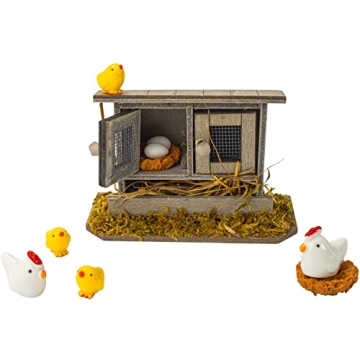 Hiawbon Miniature Retro Wooden Chicken Coop Mini Family Chicken, Hen, Chick, Egg, Chicken Nest Ornam...