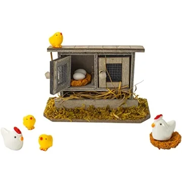 Hiawbon Miniature Retro Wooden Chicken Coop Mini Family Chicken, Hen, Chick, Egg, Chicken Nest Ornam...