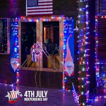 JMEXSUSS 4th of July Decorations 100 LED String Lights Indoor, 33ft Red White and Blue Lights Plug-in, 8 Modes Patriotic 4th of July Lights for Indoor Outdoor Independence Day American Flag Holiday