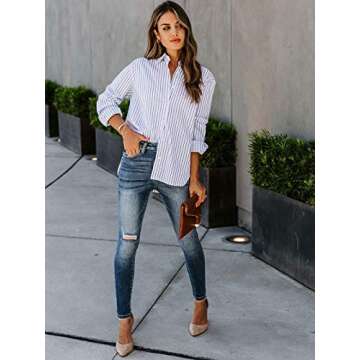 Bellastory Women's Stripes Button Down Shirts Roll-up Sleeve Tops V Neck Casual Work Blouses - Blue M