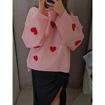 Women Pink Bow Knot Print Sweater Long Sleeve Ribbed Knit Pullover Top Crewneck Cute Knitwear Jumper Valentine’s Outfits