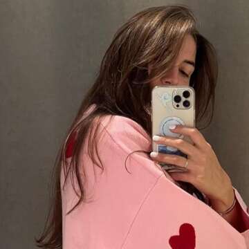 Women Pink Bow Knot Print Sweater Long Sleeve Ribbed Knit Pullover Top Crewneck Cute Knitwear Jumper Valentine’s Outfits