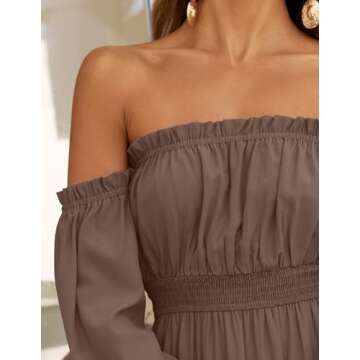 ZESICA Women's 2025 Boho Sexy Off Shoulder Long Sleeve Smocked High Waist Side Split Flowy A Line Tiered Long Maxi Dress,Coffee,Medium