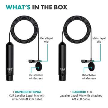 Movo LV4 Phantom Power XLR Lavalier Microphone Interview Kit with Omnidirectional and Cardioid XLR Lapel Mics, Metal Clips and Windscreens - Perfect for Video Shoots, Podcasting, YouTube Recording