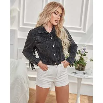 Chic YILANUOYI Women Cropped Denim Jacket with Fringe
