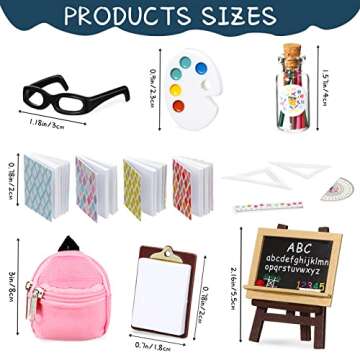 Chalyna Zomiboo 14 Pcs Mini Doll School Supplies Miniature Dollhouse Stuff Accessories for 11.5 Inch Doll DIY Toy Set Include Miniature Book Backpack Glasses Blackboard Pencil Ruler(Chic Style)