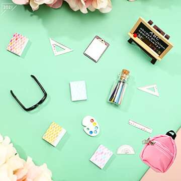 Chalyna Zomiboo 14 Pcs Mini Doll School Supplies Miniature Dollhouse Stuff Accessories for 11.5 Inch Doll DIY Toy Set Include Miniature Book Backpack Glasses Blackboard Pencil Ruler(Chic Style)