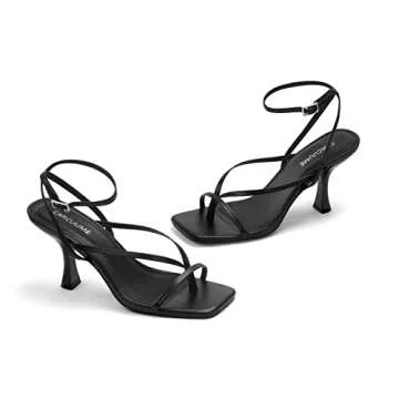 Carcuume Womens Kitten Heels Square Toe Thong Strappy Ankle Strap Stiletto Heel Sandals,CAMILE-ALL BLACK PU-10