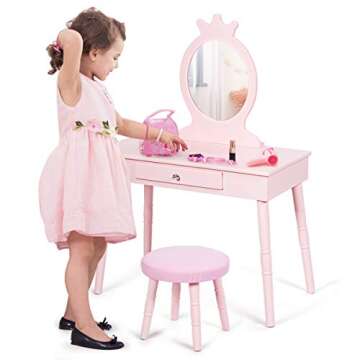 Costzon Kids Vanity Set, Wooden Princess Makeup Table with Cushioned Stool, Large Drawer, Solid Wooden Legs and Crown Mirror, Pretend Beauty Make Up Dressing Play Set for Girls Best Gift (Pink)