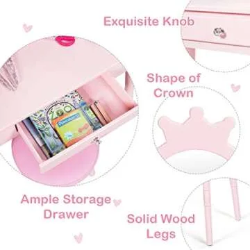 Costzon Kids Vanity Set, Wooden Princess Makeup Table with Cushioned Stool, Large Drawer, Solid Wooden Legs and Crown Mirror, Pretend Beauty Make Up Dressing Play Set for Girls Best Gift (Pink)