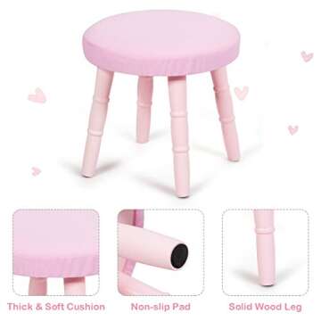Costzon Kids Vanity Set, Wooden Princess Makeup Table with Cushioned Stool, Large Drawer, Solid Wooden Legs and Crown Mirror, Pretend Beauty Make Up Dressing Play Set for Girls Best Gift (Pink)