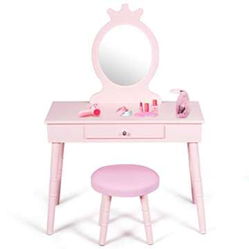 Costzon Kids Vanity Set, Wooden Princess Makeup Table with Cushioned Stool, Large Drawer, Solid Wooden Legs and Crown Mirror, Pretend Beauty Make Up Dressing Play Set for Girls Best Gift (Pink)