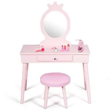 Costzon Kids Vanity Set, Wooden Princess Makeup Table with Cushioned Stool, Large Drawer, Solid Wooden Legs and Crown Mirror, Pretend Beauty Make Up Dressing Play Set for Girls Best Gift (Pink)