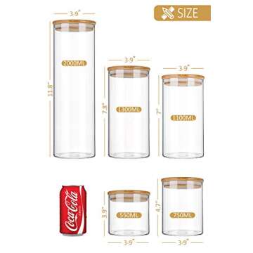 Aitsite Stackable Kitchen Canisters Set, Clear Glass Jars for Home Kitchen, Upgrade Thicken Airtight Food Storage jars with Wood Bamboo Clamp Lids for Spaghetti, Flour, Coffee, Sugar, pasta, 5 Pack