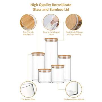 Aitsite Stackable Kitchen Canisters Set, Clear Glass Jars for Home Kitchen, Upgrade Thicken Airtight Food Storage jars with Wood Bamboo Clamp Lids for Spaghetti, Flour, Coffee, Sugar, pasta, 5 Pack