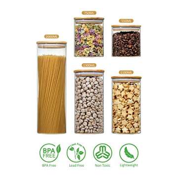 Aitsite Stackable Kitchen Canisters Set, Clear Glass Jars for Home Kitchen, Upgrade Thicken Airtight Food Storage jars with Wood Bamboo Clamp Lids for Spaghetti, Flour, Coffee, Sugar, pasta, 5 Pack