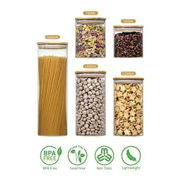 Aitsite Stackable Kitchen Canisters Set, Clear Glass Jars for Home Kitchen, Upgrade Thicken Airtight Food Storage jars with Wood Bamboo Clamp Lids for Spaghetti, Flour, Coffee, Sugar, pasta, 5 Pack